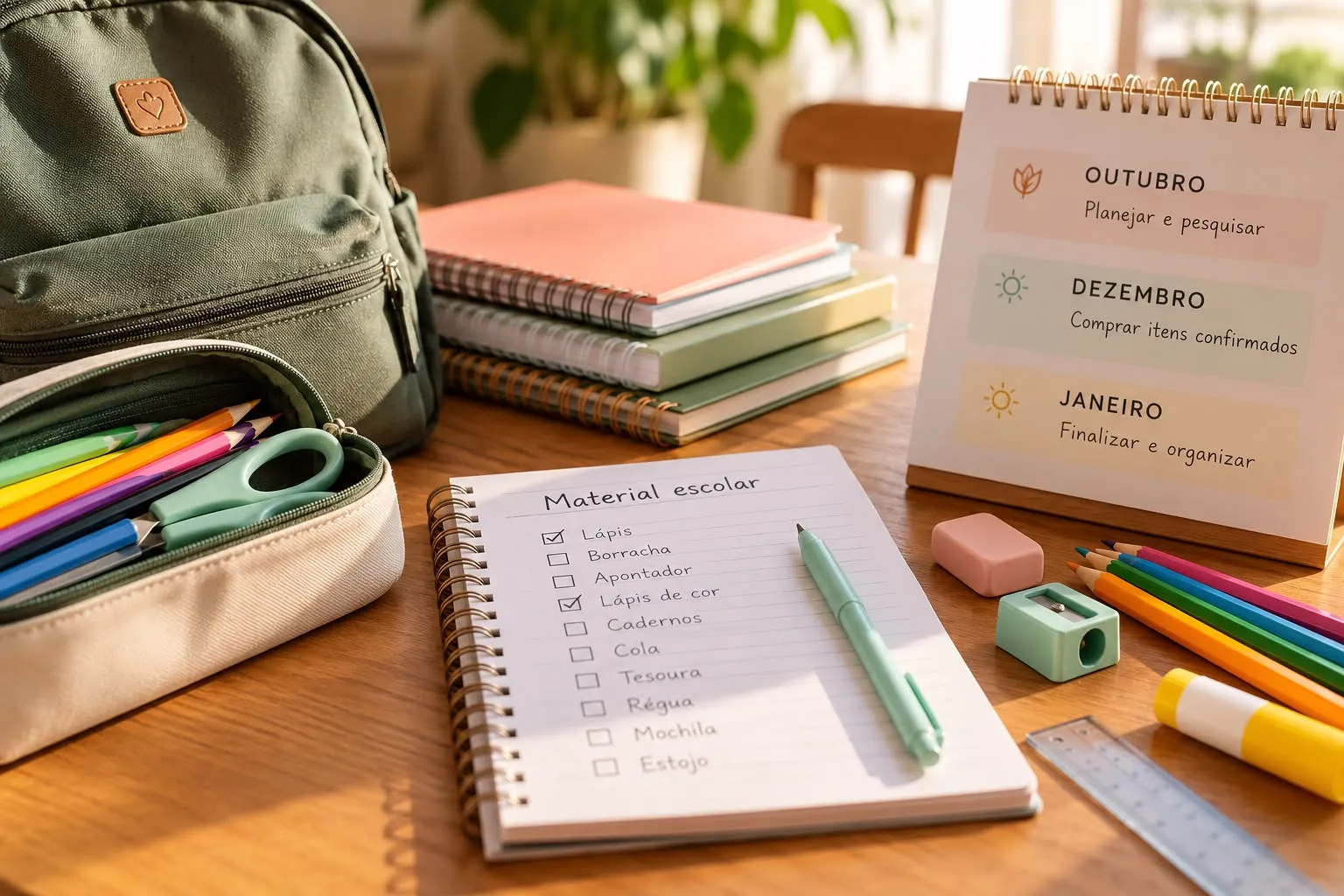 Mesa de madeira com mochila verde, estojo aberto com lápis coloridos, cadernos empilhados, um caderno com a checklist Material escolar e um calendário de mesa com Outubro: planejar e pesquisar, Dezembro: comprar itens confirmados e Janeiro: finalizar e organizar.